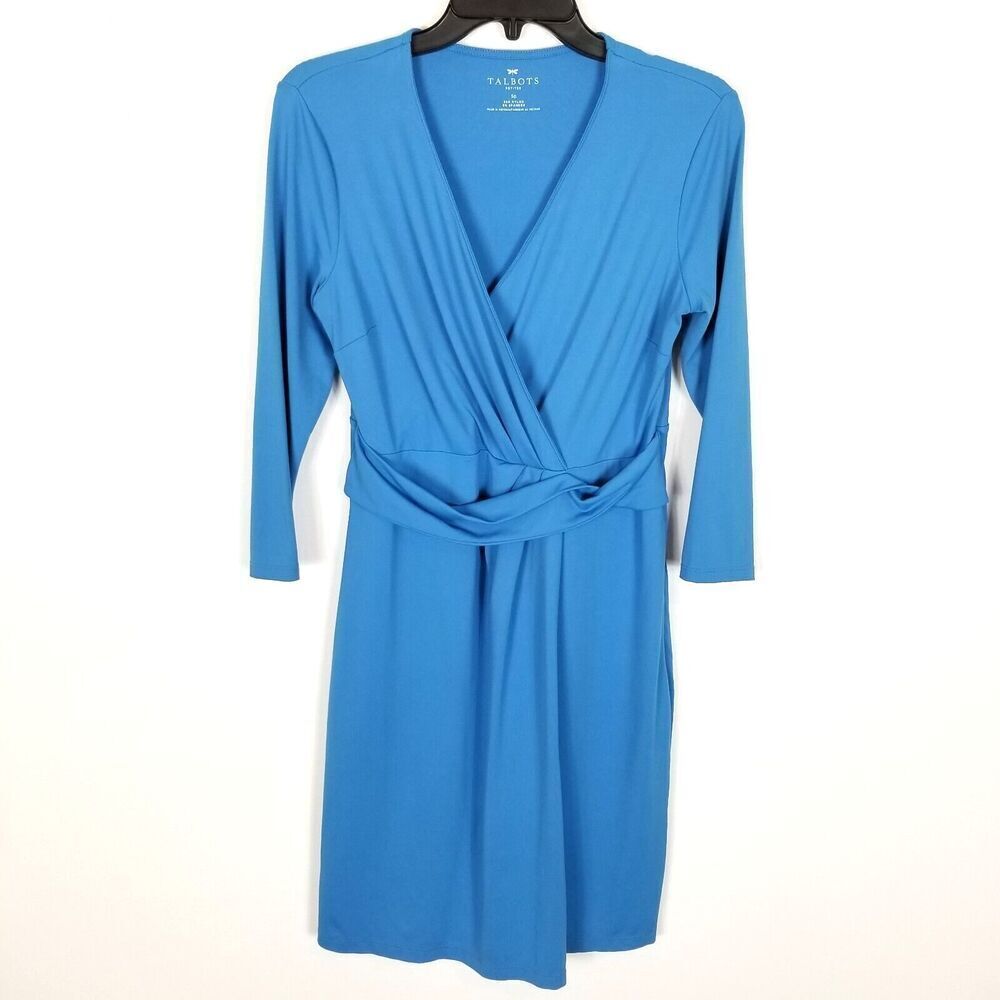 Talbots Women Blue Faux‎ Wrap Dress Mini Dress Size S Petite 3/4 Sleeve